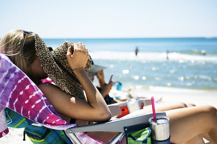 Strand, Lady, Ozean, Entspannung, Sonnenbaden, sonnig, Urlaub