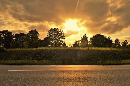 matahari terbenam, jalan, surya, Swedia, awan, Kolam, musim panas