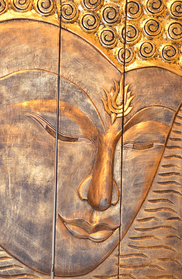 Budda, głowa Buddha, Rzeźba w ścianie Buddy, Budda ściany fryz, drewno - materiał, stary, drzwi