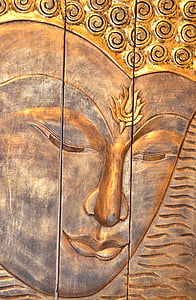 Budda, głowa Buddha, Rzeźba w ścianie Buddy, Budda ściany fryz, drewno - materiał, stary, drzwi