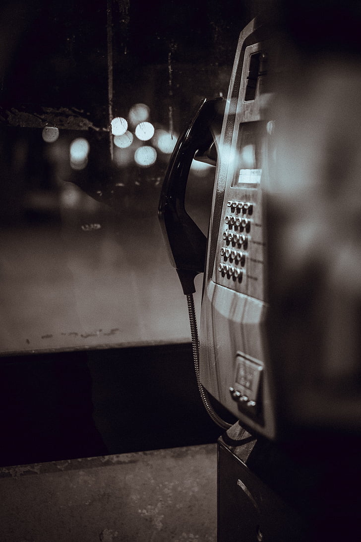 payphone, communication, call, telephone, black and white, bokeh, transportation