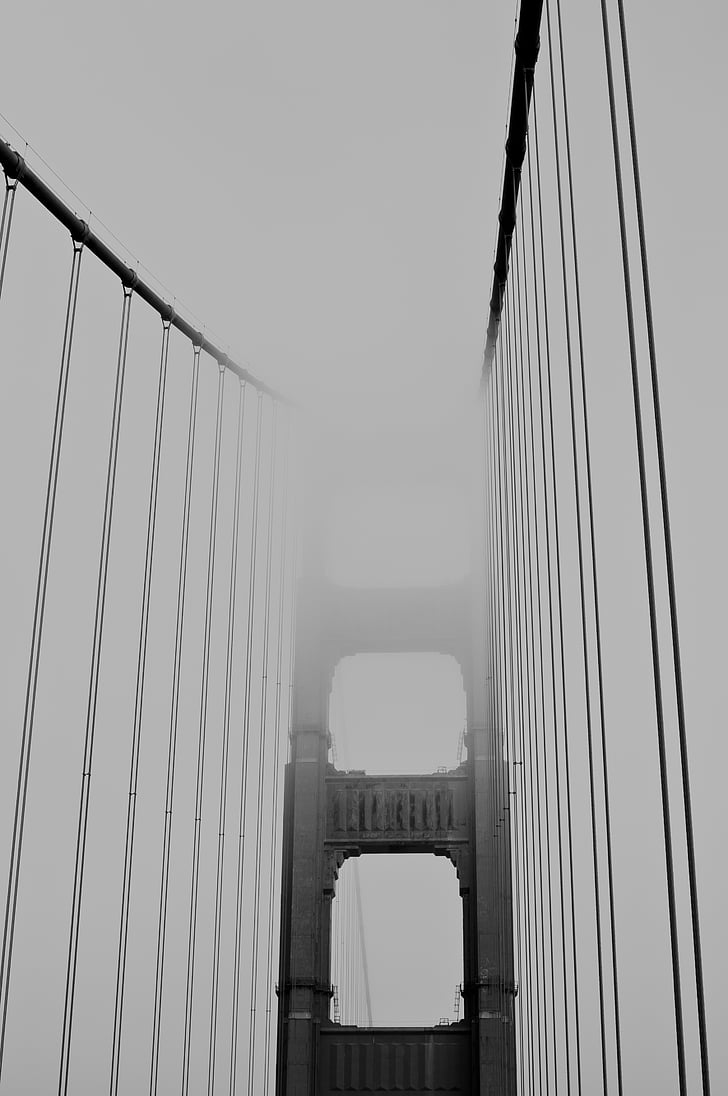 szary, zawieszenie, Most, Golden gate bridge, Architektura, mgła, czarno-białe