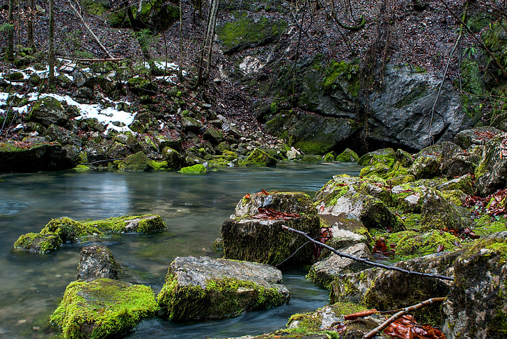 stream, creek, water, rocks, boulders, rocky, seasons