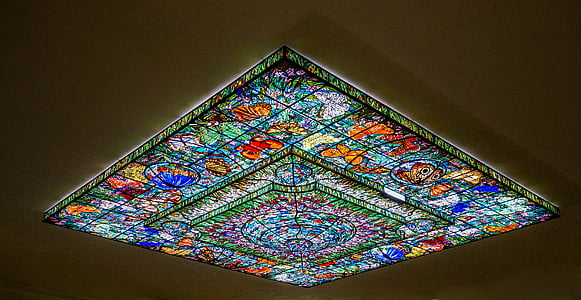 Gebrandschilderd glas, plafond, kleurrijke, interieur, patroon, het platform, decoratieve