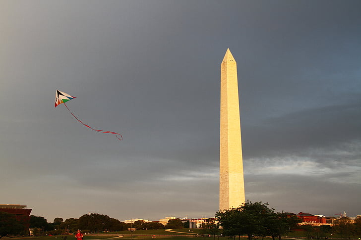 Memorial, cerf-volant, coucher de soleil, monument, point de repère, obélisque, Washington dc
