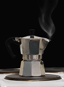 tea, coffee, smoke, steam, heiss, old coffee maker, old italian coffee machine