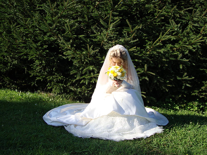 bride, woman, bouquet, wedding, married, nature, love