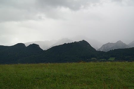 Allgäu, Eisenberg, Schlossberg, zlé počasie, oblaky, oblačnosť, hrad