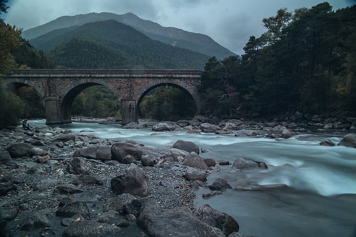 bridge, river, rocks, flow, nature, adventure, travel