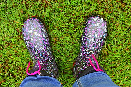 rubber boots, feet, shoes, grass, jeans, low section, human leg