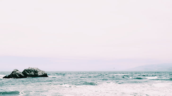 ocean, water, sea, rock, sky, horizon, waves