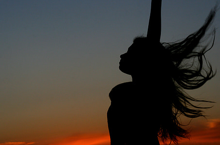 sunset, girl, shadow, silhouette, long hair, wind, flight