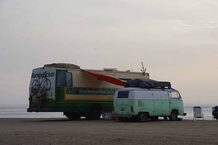 caravana en la playa, RV en una playa, caravana, viajes, recreación, camping, Playa