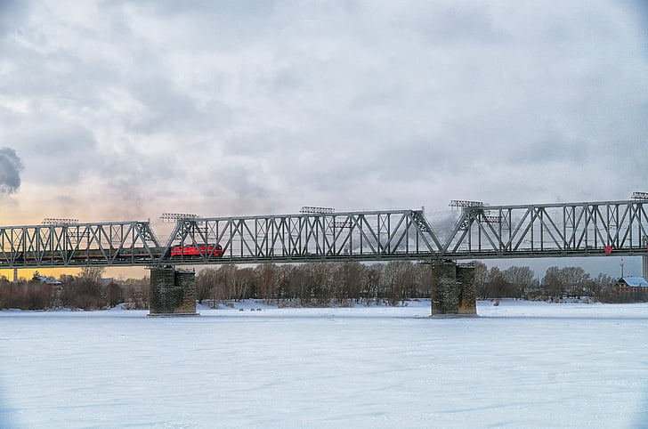железная дорога, мост, Зима, лед, снег, Локомотив, поезд