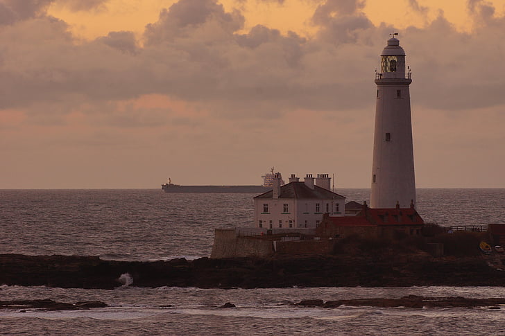 Lighthouse, St marys lighthouse, Whitley bay, Sunset, havet, bygningens ydre, vand