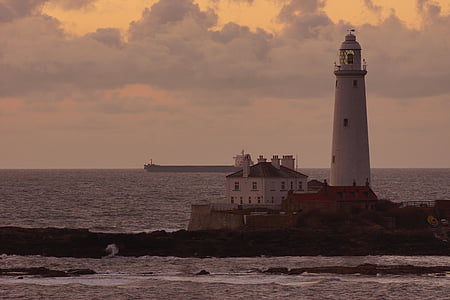 mercusuar, St marys lighthouse, Whitley bay, matahari terbenam, laut, eksterior bangunan, air