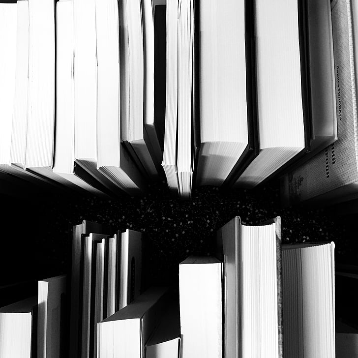 abstract, art, black-and-white, books, education, library, light