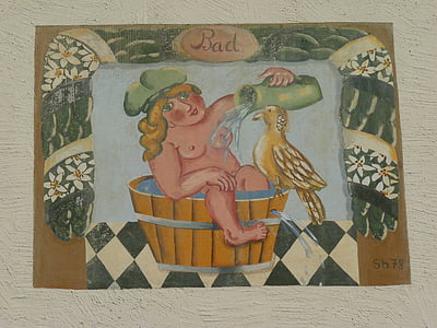 facade, painting, woman, hot tub