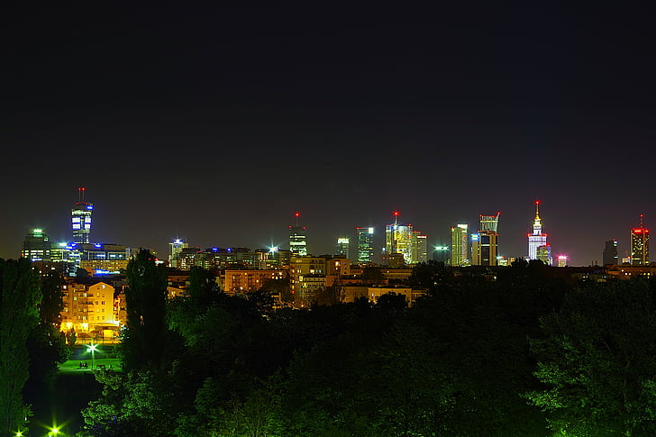 Warszawa, natt, sentrum, sentrum, lys, skyskrapere, kontorbygg