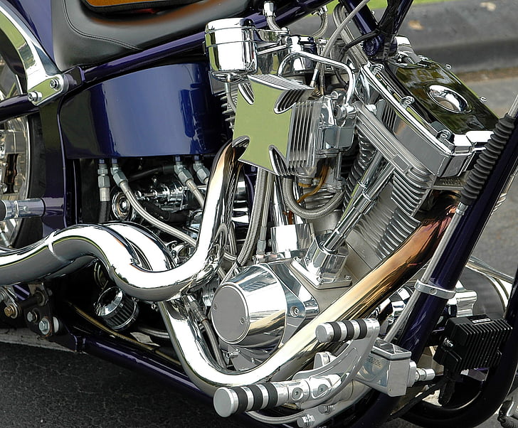 motorcycle, engine, chrome, shiny, chopper, transportation, motor