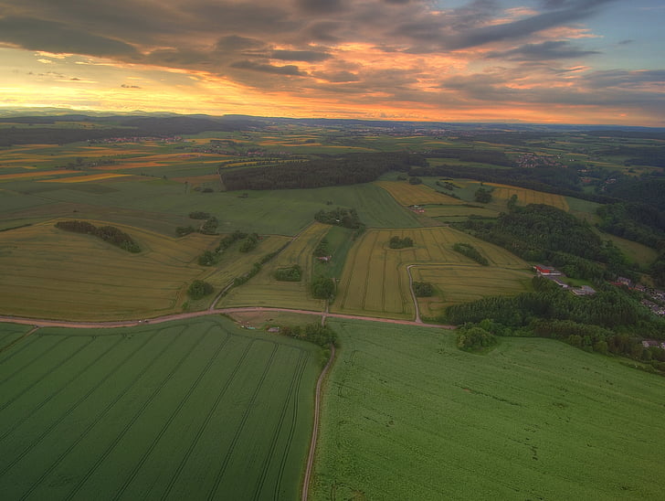 Vöhl, Basdorf, puesta de sol, hesse del norte, paisaje, vista aérea, agricultura