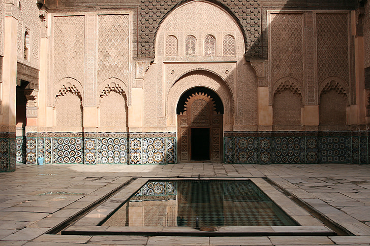 morocco, point of interest, courtyard, pond, koran school