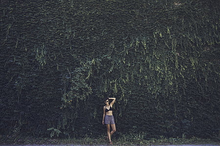 người phụ nữ, màu đen, bikini, đứng, mặt trận, màu xanh lá cây, có rêu
