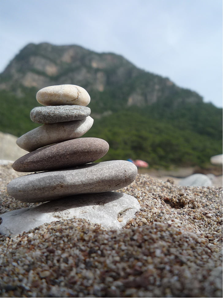 steiner, fjell, balanse, pyramide, stranden, småstein, zen-aktig