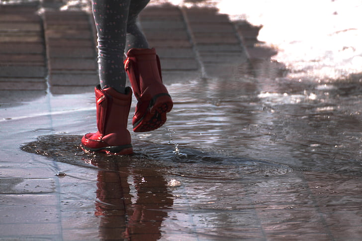 boots, splash, rain, puddle, fun, rubber, wet