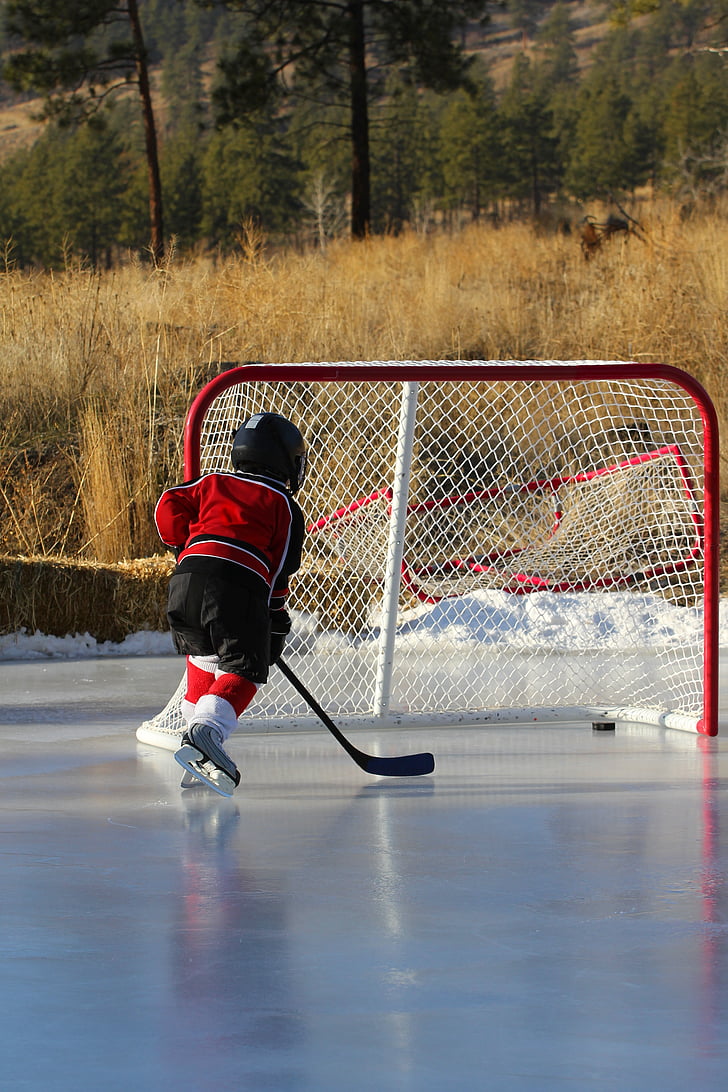 hockey, udendørs skøjtebane, netto, mål, kid, skøjtebane, hockey stick