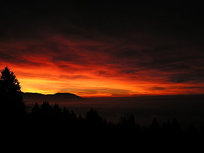 日の出, 空, グロー, 赤, イエロー, 自然の光景, 雲