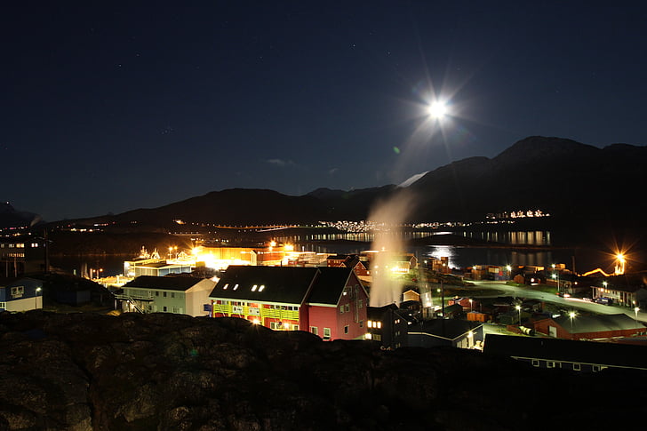 yö, näkymä, Nuuk, kaupunkien, tumma, Kaupunkikuva, ilta