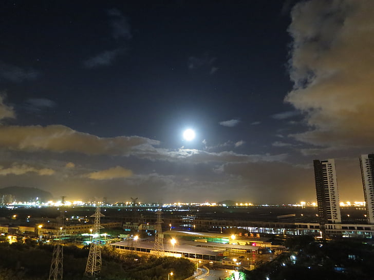 moon, cloud, the night sky, city