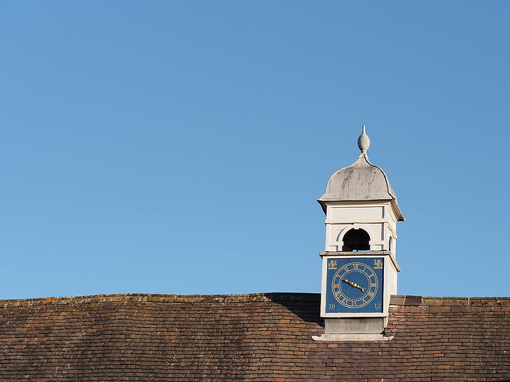 clock, time, sky, roof, blue, hour, timepiece
