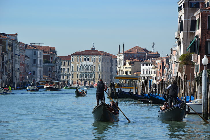 Venice, canale grande, ūdens, gondoljers, laivas, pilsētā pie upes, Venēcija - Itālija