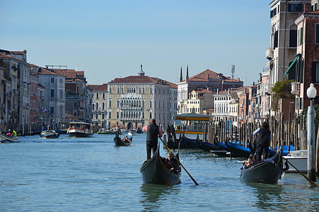 venice, canale grande, water, gondolier, boats, town on the river, venice - Italy