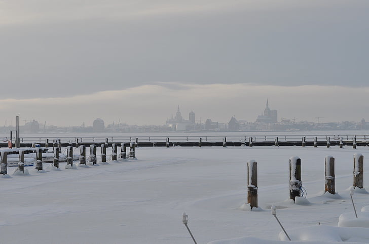 Rügen, Bodden, bevroren, Stralsund achtergrond