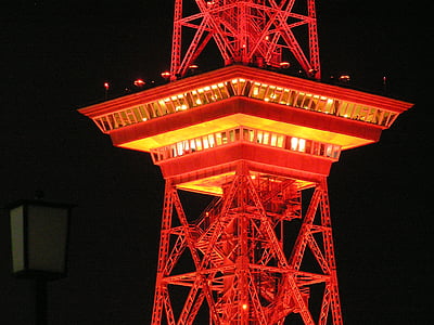řídící věž, Berlín, noční, červená, osvětlené, osvětlení