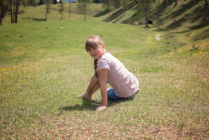 human, child, girl, sitting, with detent, rest, meadow