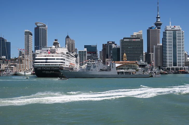 Auckland, vid vattnet, marinen, kryssningsfartyg, tall ship