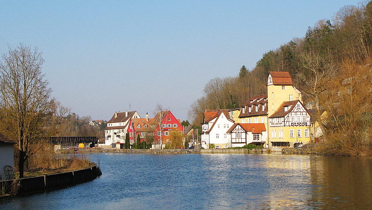 Neckar, Rottenburg, řeka, fachwerkhaus