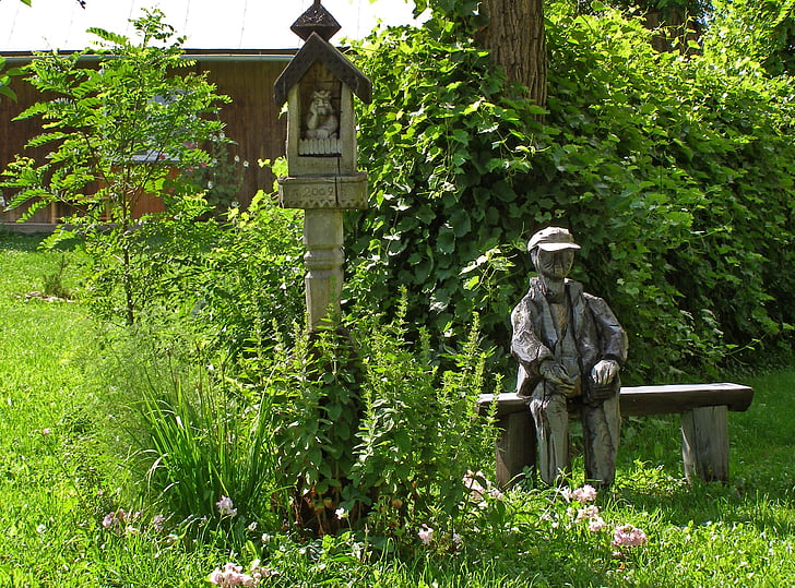 jardim, escultura, Capela, banco, verde, Verão, vila