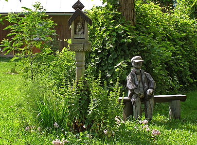 Sân vườn, tác phẩm điêu khắc, Nhà thờ, băng ghế dự bị, màu xanh lá cây, mùa hè, làng