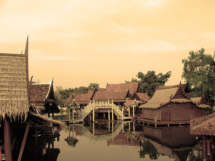 domy, Thajsko, rieka, plávajúce, vidieka, tradičné, drevené