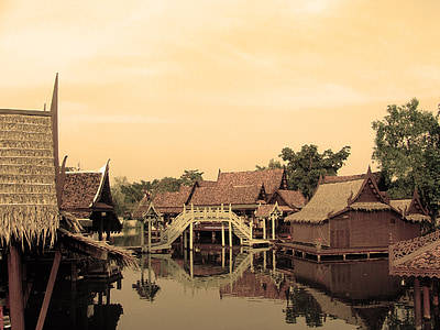 huizen, Thailand, rivier, drijvende, platteland, traditionele, houten