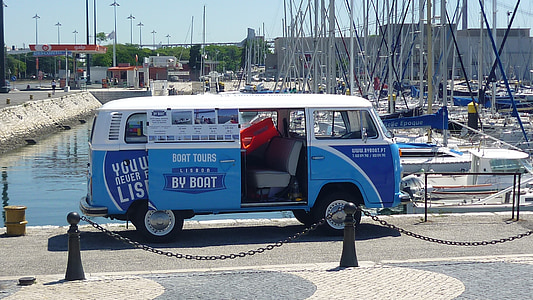 Van, combi, Porto, caminhão, azul, barco, cidade