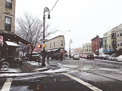 Urban, scena, pozimi, sneg, ki spadajo, ulica, cesti