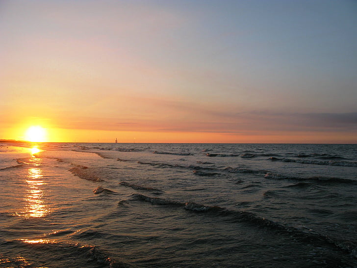normandy, beach, sea, sunset