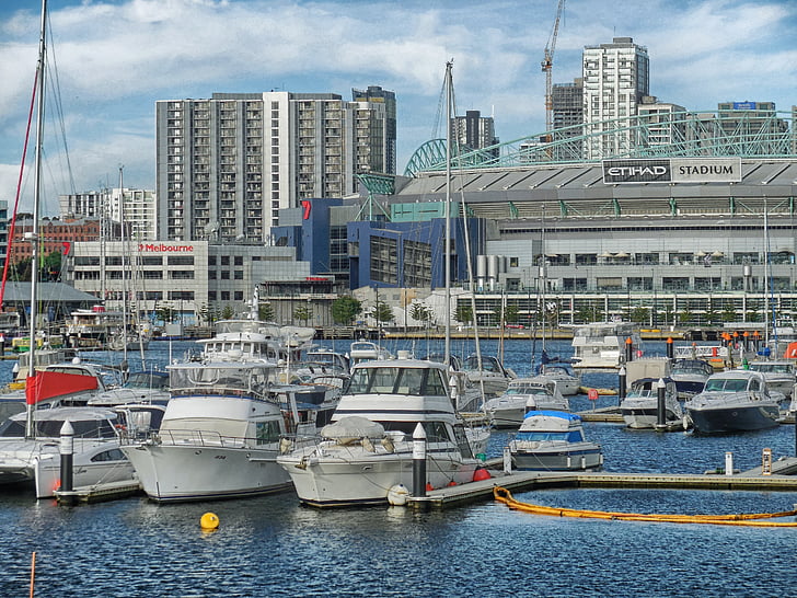 Melbourne, Austrália, Bay, Harbor, Port, vody, budovy