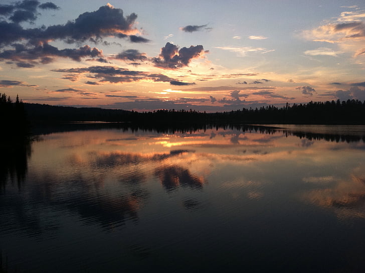 saulriets, Somija, ezers, debesis, pārdomas, skaists, ainava